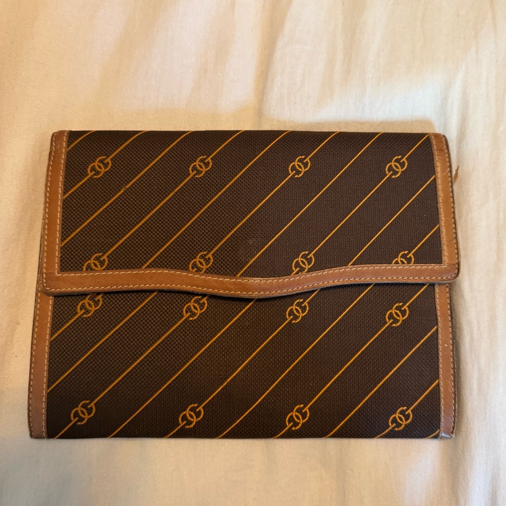 Authentic Vintage GUCCI Pin Strip Canvas Leather Pouch need repairs & ink marks